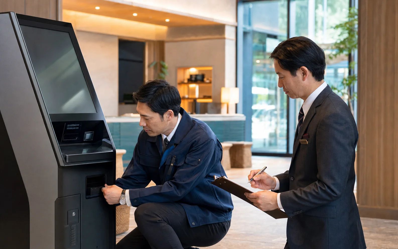 外貨両替機の保守点検を行う運用スタッフ