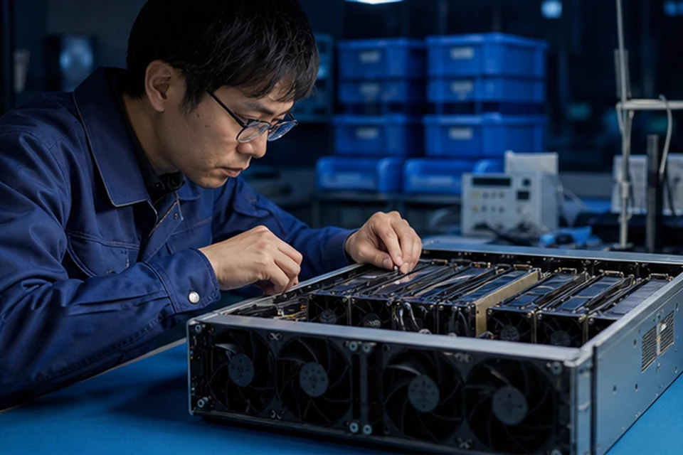 GPU設備の構成を点検する技術担当者