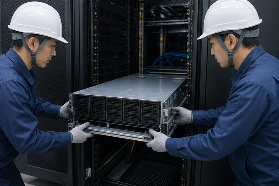 データセンターでGPU設備を設置する作業員