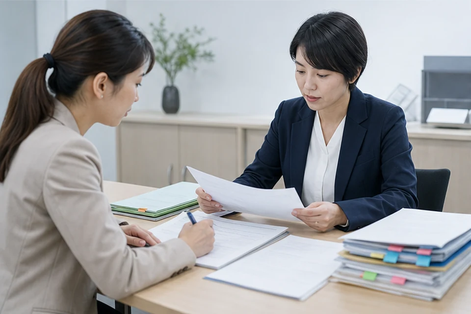 取得前の税務資料を確認する財務担当者