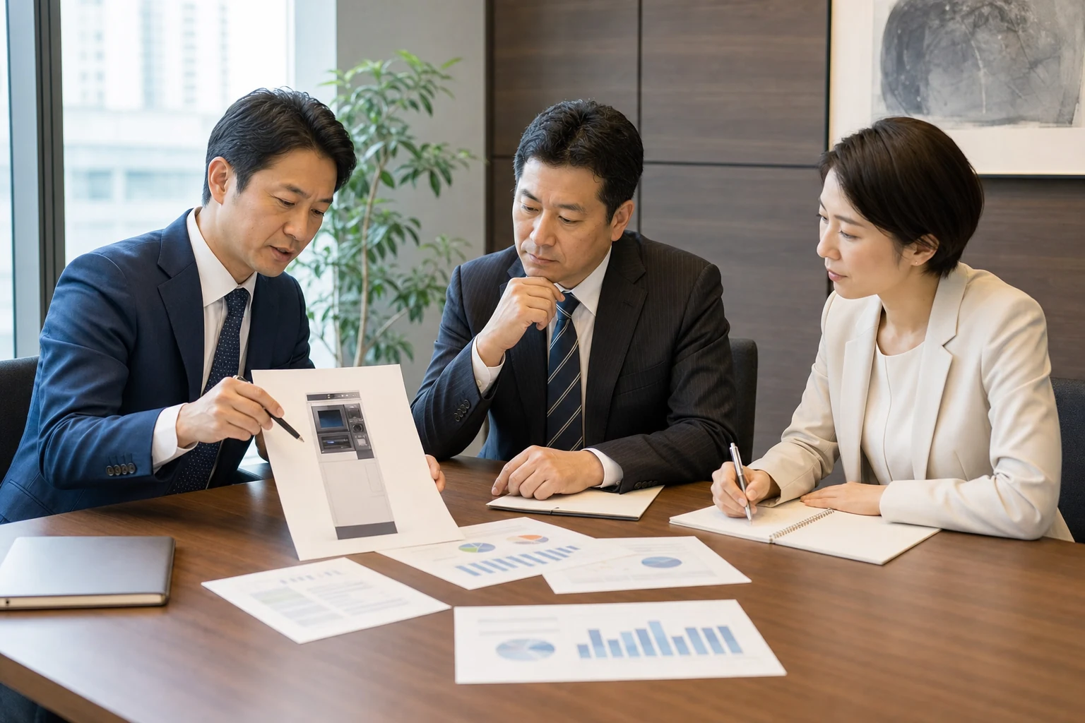 外貨両替機の設備投資資料を確認する経営者