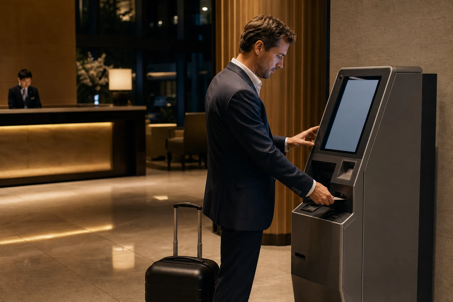 夜間に外貨両替機を利用する旅行者