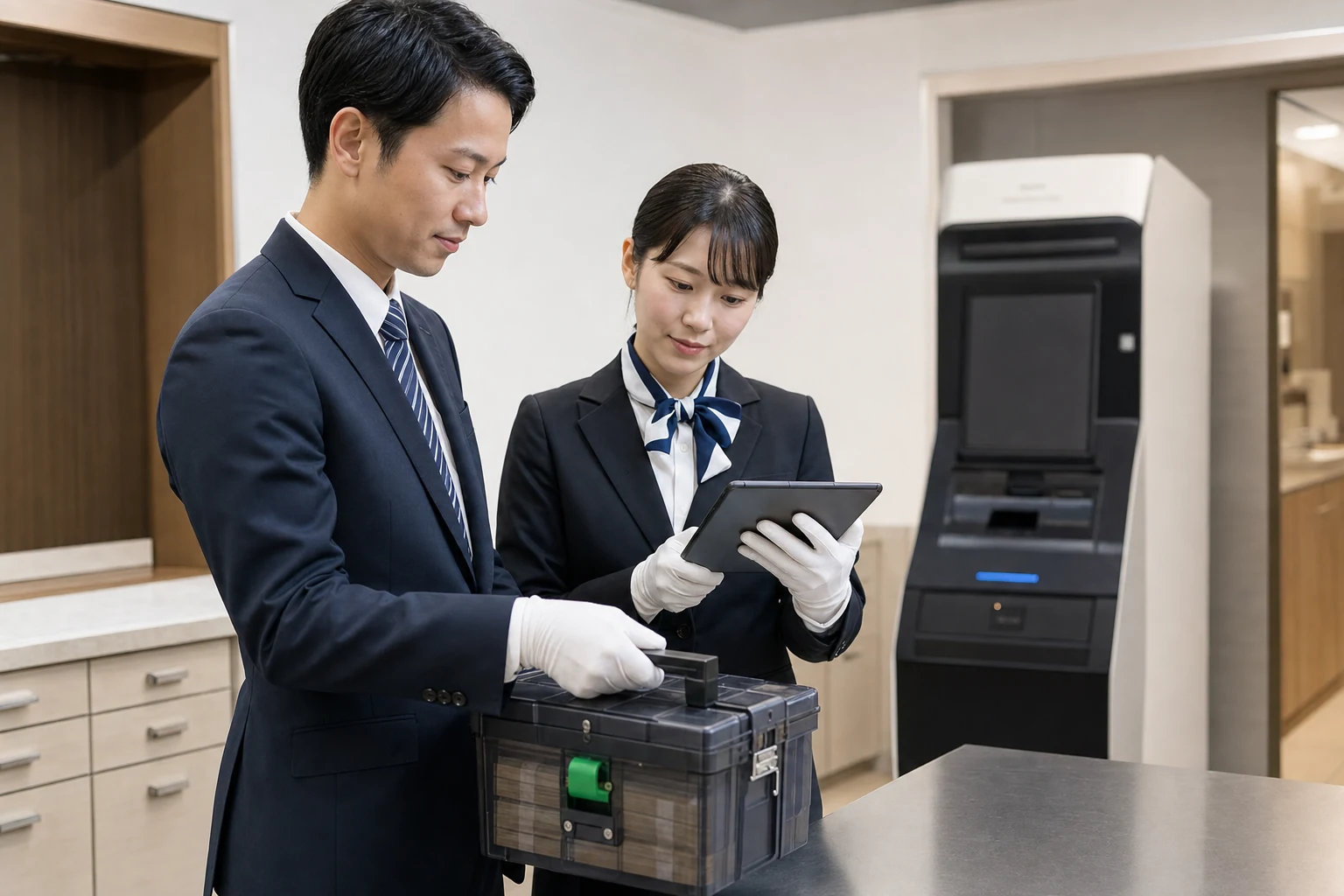 外貨両替機の現金カセットを点検する担当者