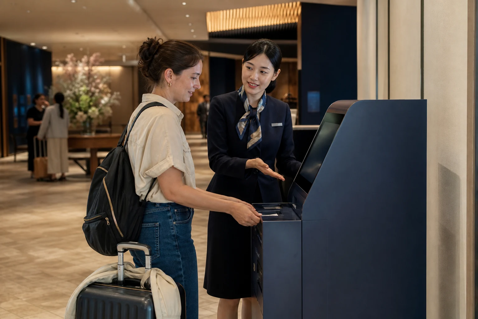 外貨両替機を利用する旅行者を案内するスタッフ