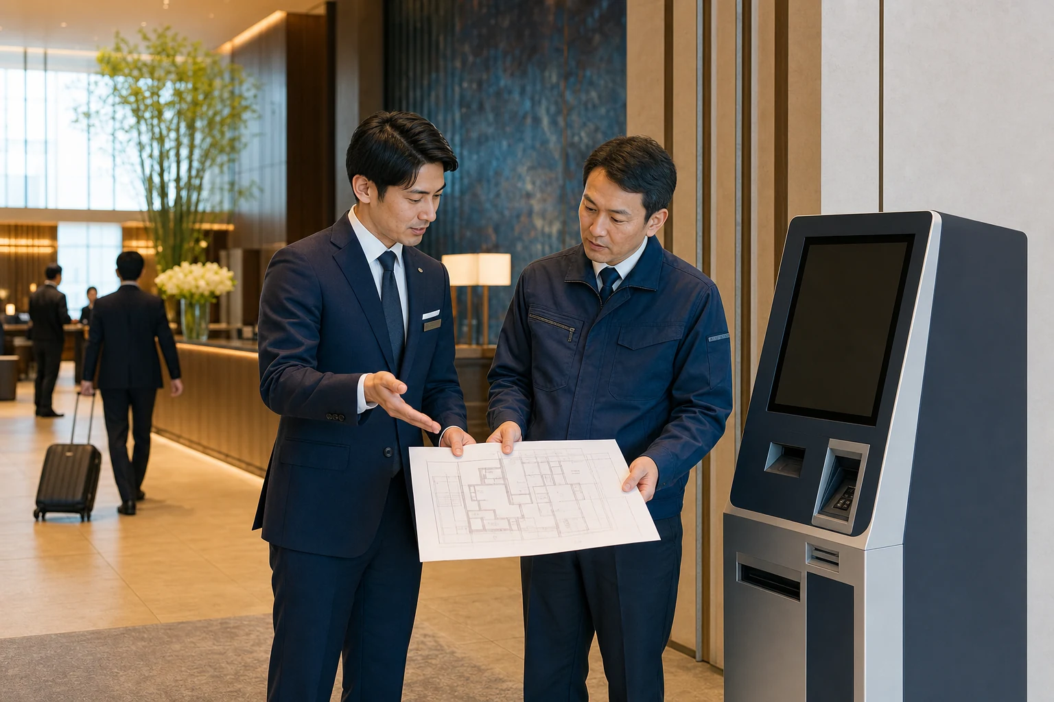外貨両替機の導入条件を打ち合わせる担当者